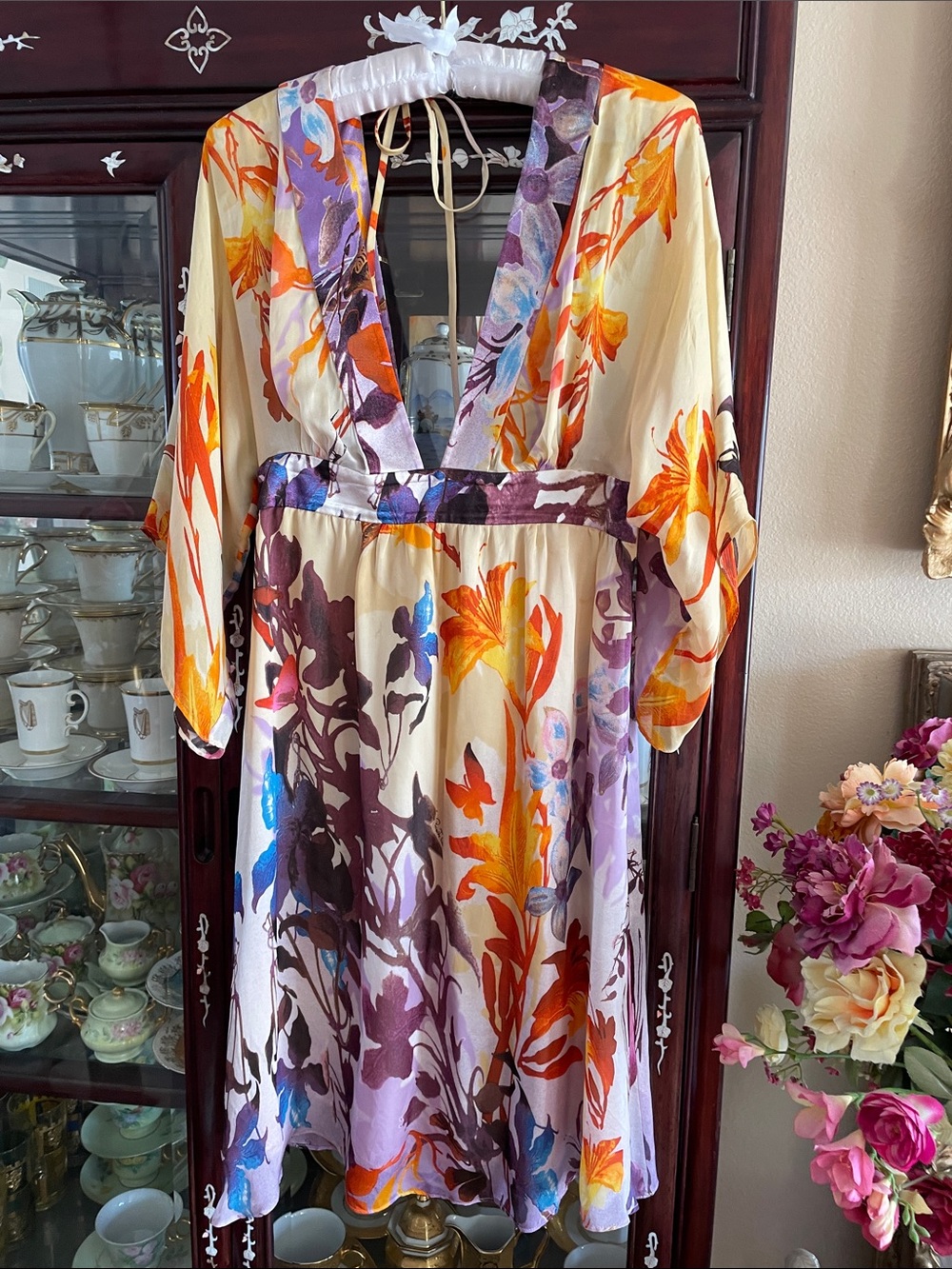 Roberto Cavalli Signature Italy Silk Multicolor Floral & Butterfly Print Dress